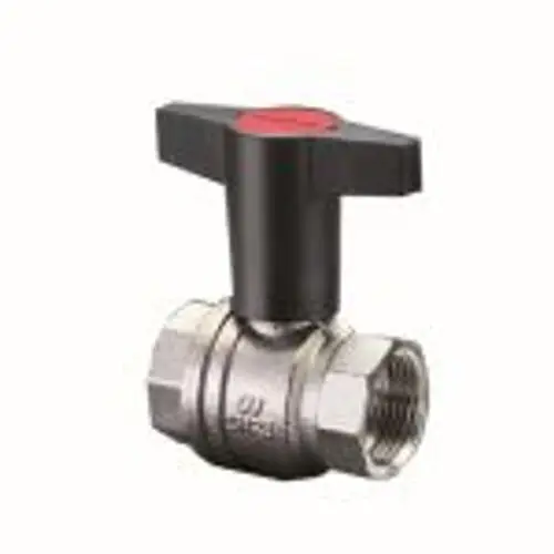 Edelstahl-Kugelhahn mit schwarzem Bedienhebel und Gewindeanschlüssen, ideal für Rohrleitungsanwendungen in der Hydraulik.